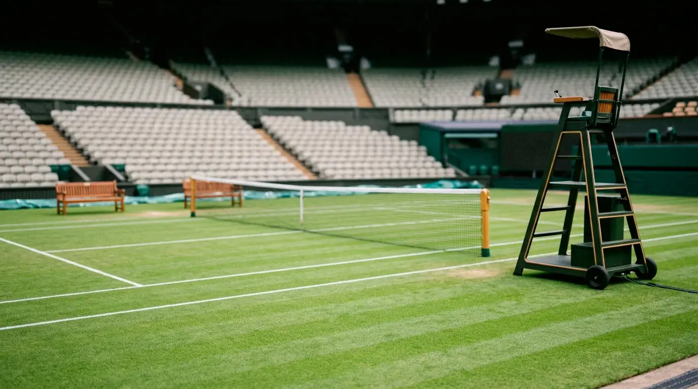 Centre Court bei Wimbledon mit Schiedsrichterstuhl und Aufschlagslinie als Symbolbild für die Match-Sieger-Wette