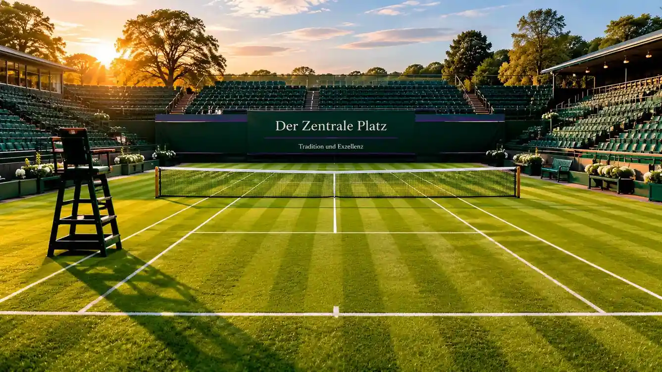 Wimbledon Centre Court an einem klaren Sommertag — Centre-Court-Tribüne und Rasenfläche aus erhöhter Perspektive