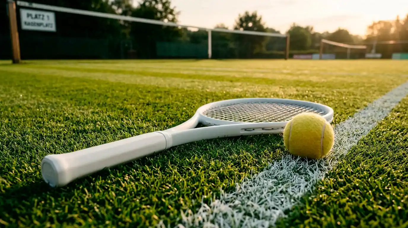 Tennisball und weiße Linie auf gepflegtem Wimbledon-Rasen — Symbol für Aufschlag-Statistik auf Rasen