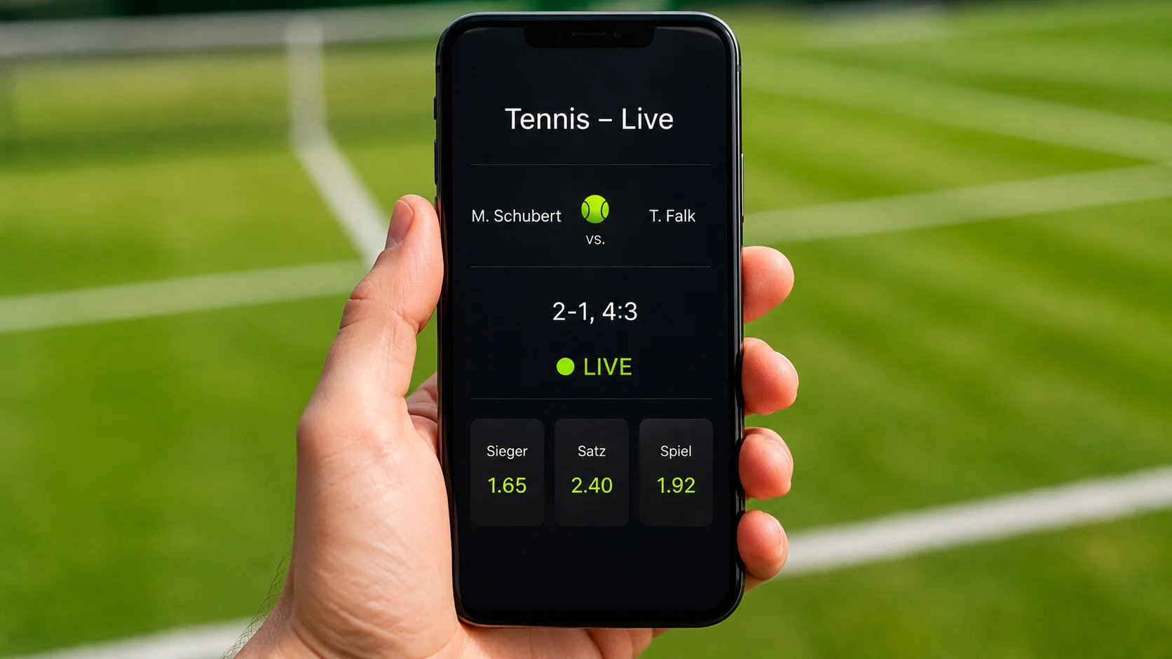 Smartphone mit übersichtlicher Live-Wett-Oberfläche zu einem Wimbledon-Match — Quoten und Punktstand